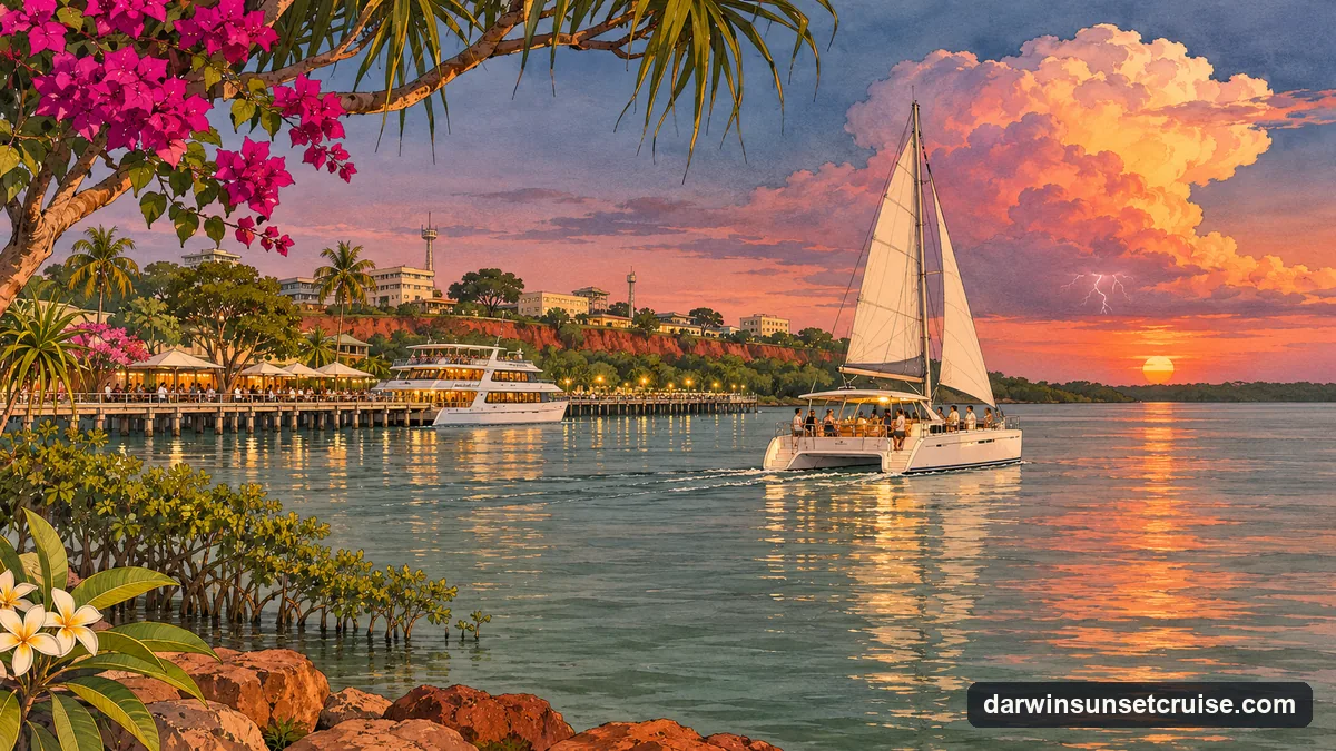Illustration: a towering storm cloud glowing orange and pink over Darwin Harbour on a build-up evening, a distant lightning flash, and a white sailing catamaran heading back toward the wharf lights