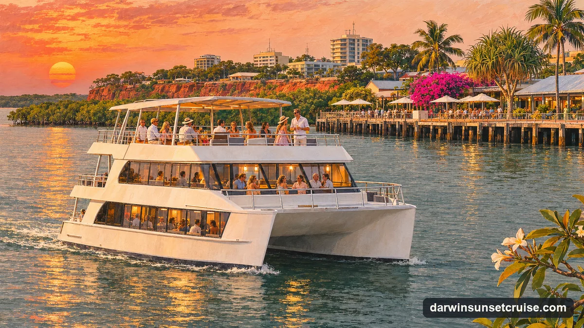 Illustration: a white two-deck catamaran cruising Darwin Harbour in late-afternoon light, guests on its open sundeck, the low city and the wharf behind it