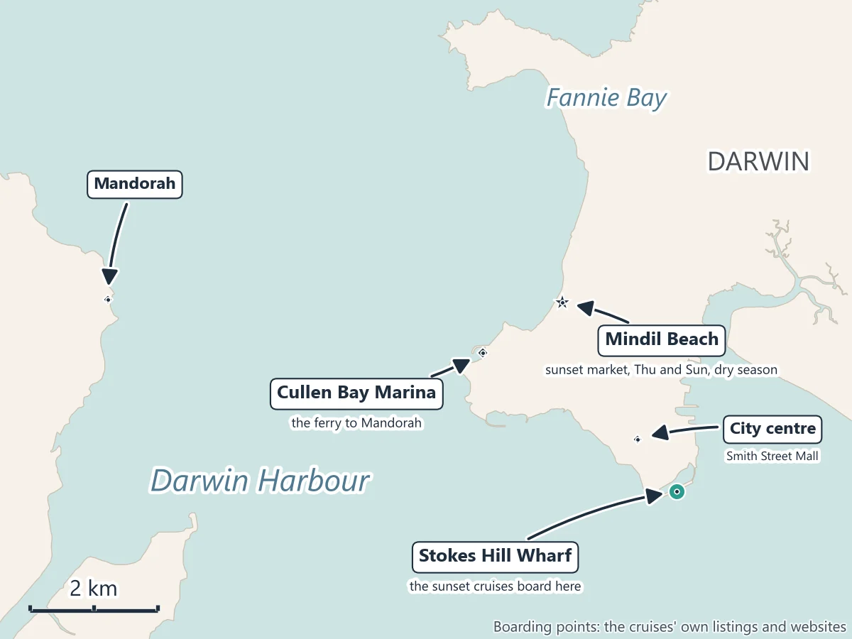 Map of Darwin Harbour: Stokes Hill Wharf at the Darwin Waterfront, where the sunset cruises board, the city centre and Smith Street Mall, Mindil Beach with its sunset market on Thursdays and Sundays in the dry season, Cullen Bay Marina with the ferry to Mandorah, Fannie Bay and Mandorah across the harbour