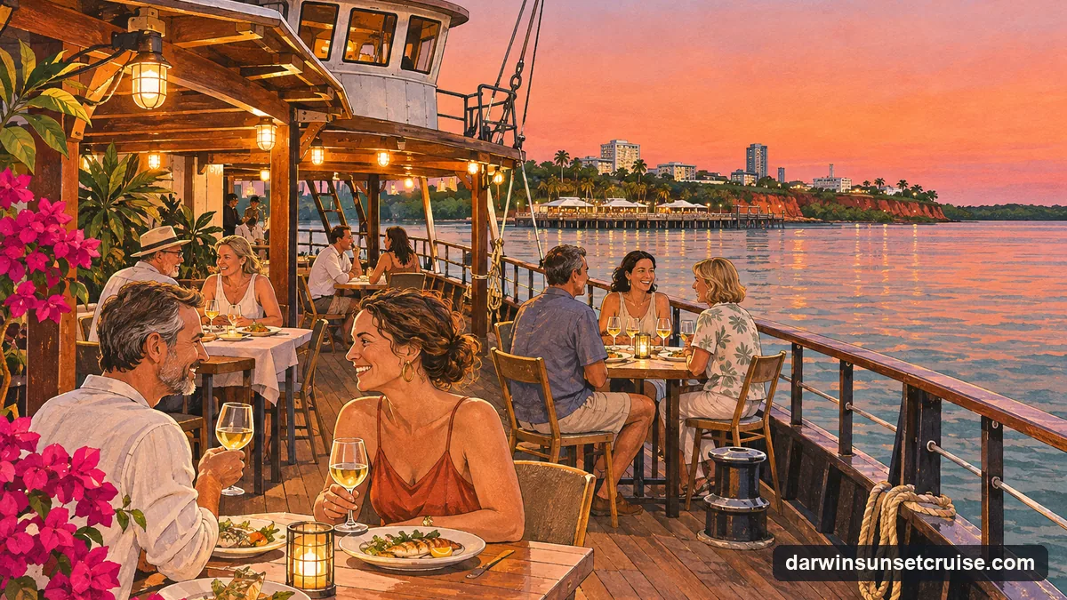 Illustration: guests at dinner tables on the open timber deck of a cruise boat on Darwin Harbour at sunset, plates of grilled fish and wine glasses under warm deck lights