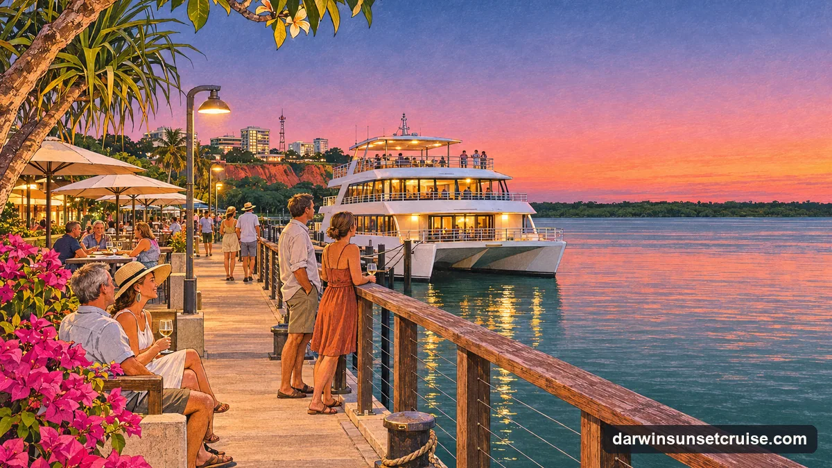 Illustration: people at the railing at the end of a wharf on Darwin Harbour in the afterglow just after sunset, a white catamaran moored alongside with its deck lights on