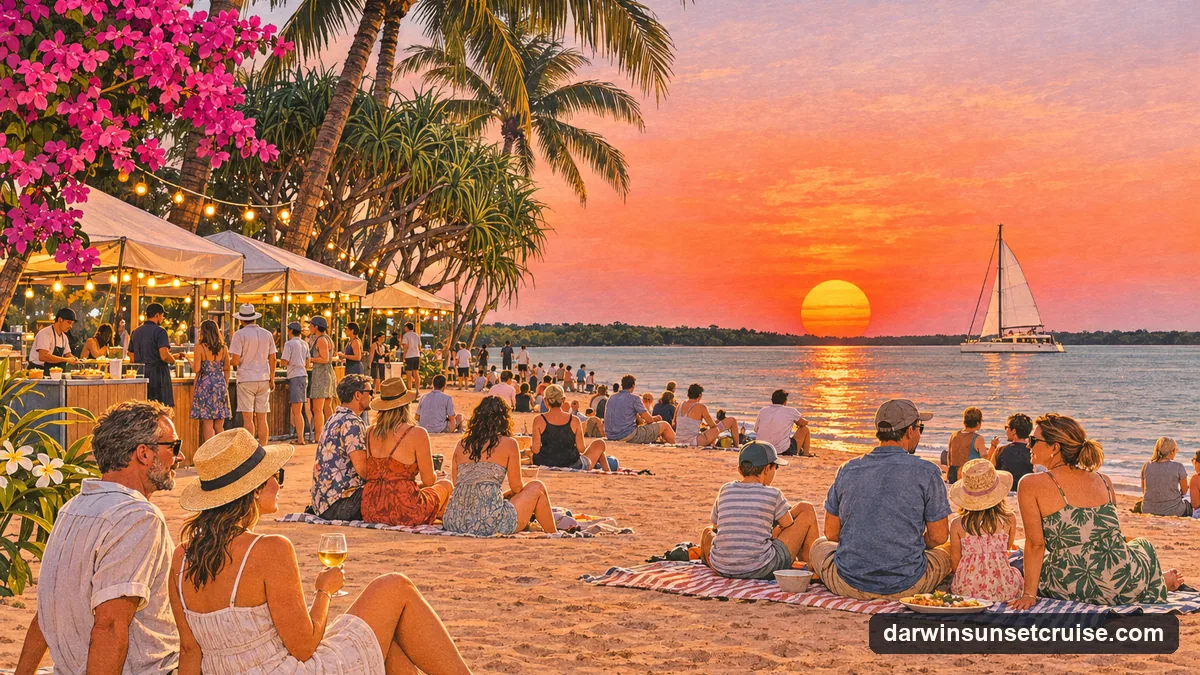 Illustration: a crowd on the sand at Mindil Beach in Darwin watching a large orange sun set over the sea, food stalls with string lights under the palms behind and a sailing catamaran on the water