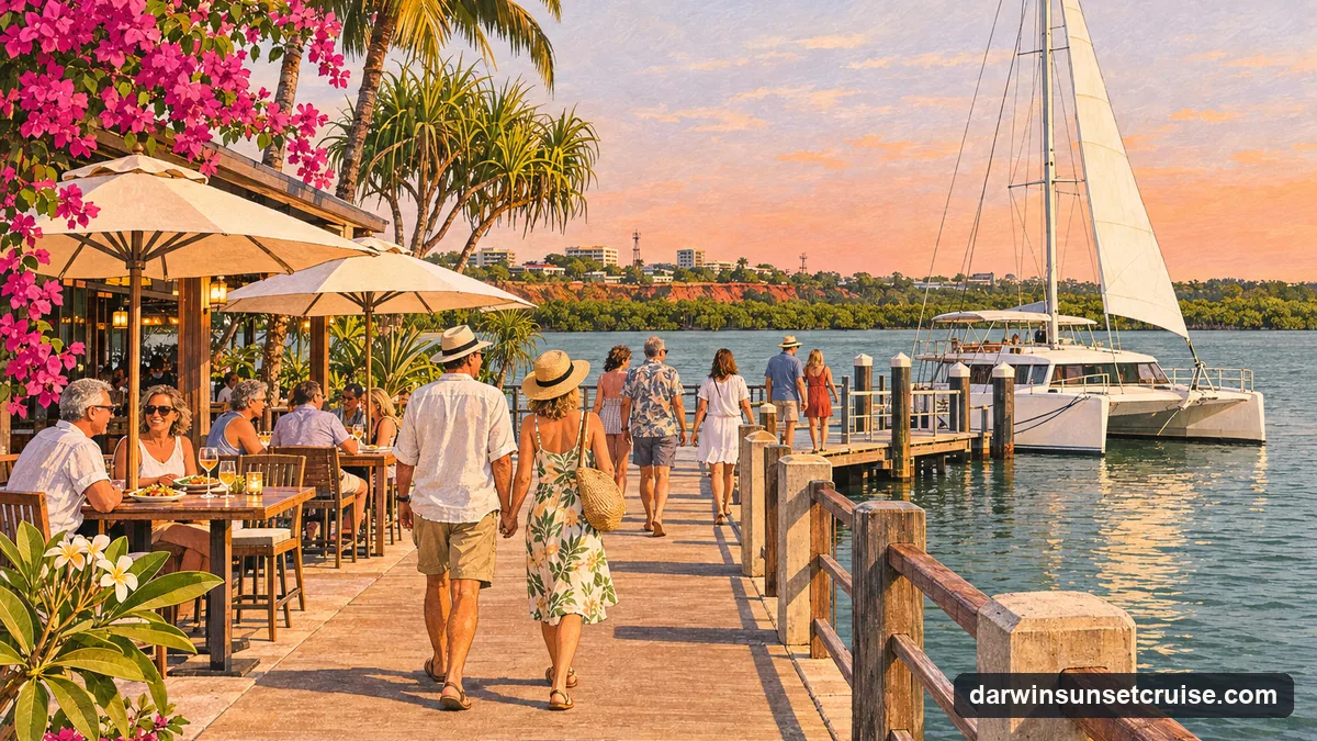 Illustration: guests walking along a wharf on Darwin Harbour in late-afternoon light past restaurant tables under large umbrellas toward a white sailing catamaran at a short jetty